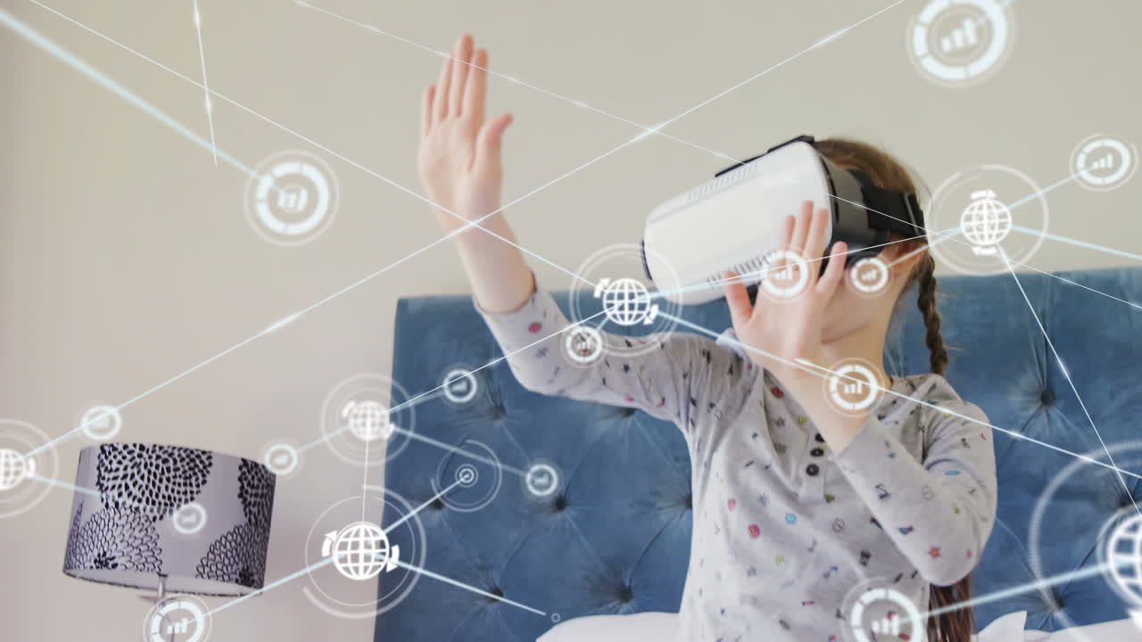 Animation of network of connections with icons over girl wearing vr headset