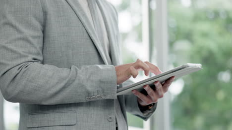 hands, typing and a person with a tablet at work