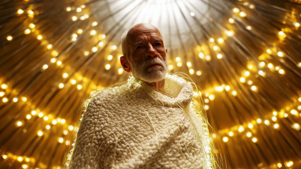 A serene figure stands amidst a radiant display of lights, embodying calmness and wisdom, as soft illumination creates a mystical atmosphere filled with warmth and inspiration