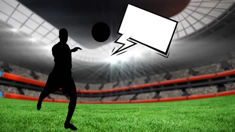 animación de la silueta de un jugador de fútbol con burbujas de habla en el fondo de un estadio deportivo