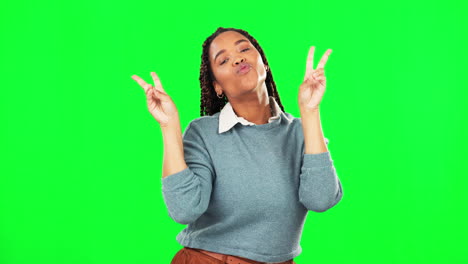 Green-screen,-gesture-and-woman-doing-peace-hand