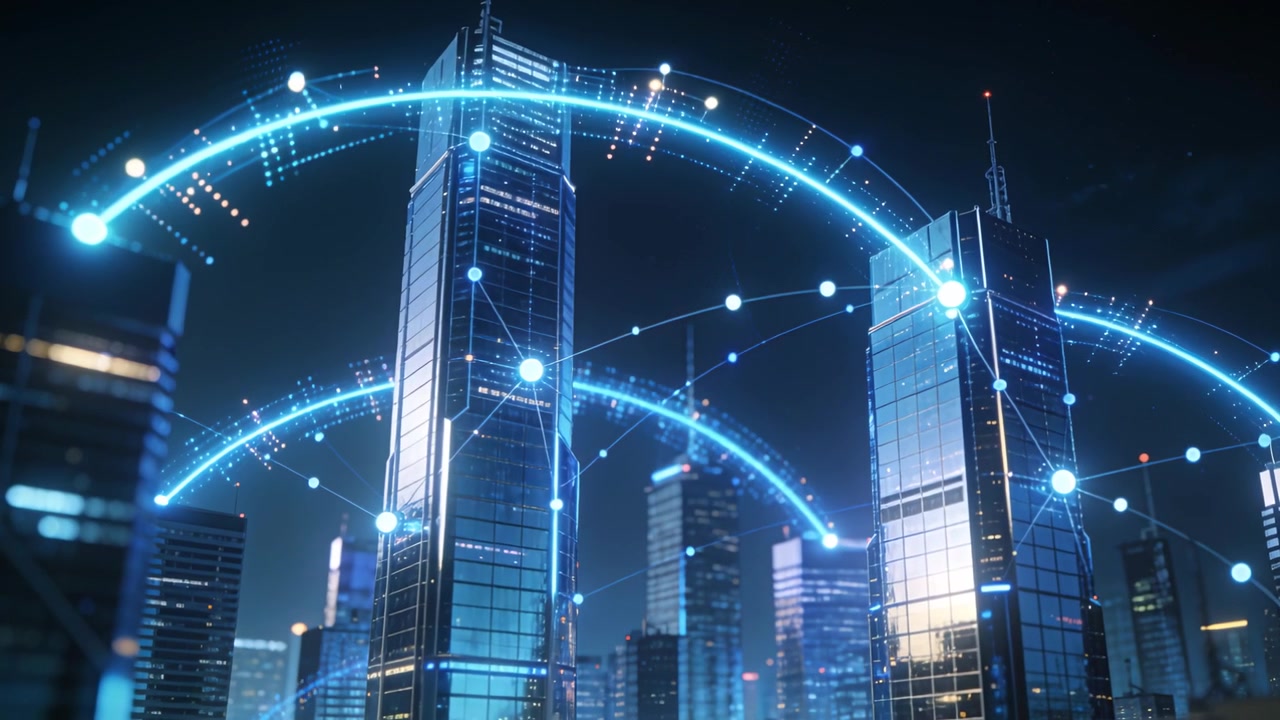 Pulsing twin glass skyscrapers linking via glowing blue arcs after left pulse in downtown at night
