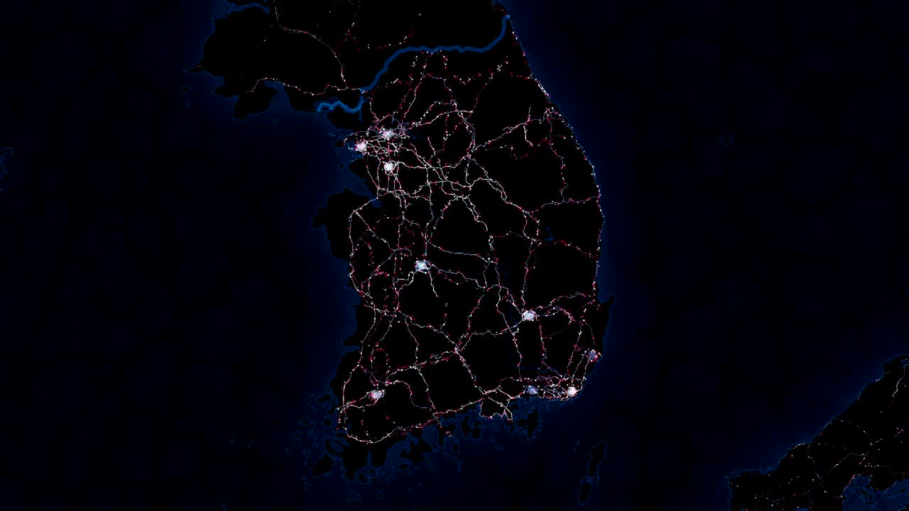 mapa de corea del sur. vista nocturna desde el espacio.