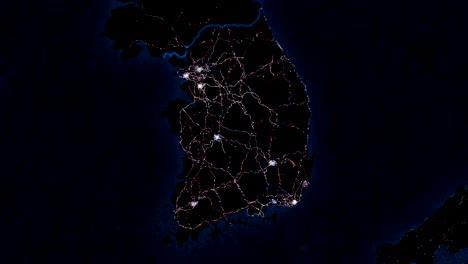 mapa de corea del sur. vista nocturna desde el espacio.