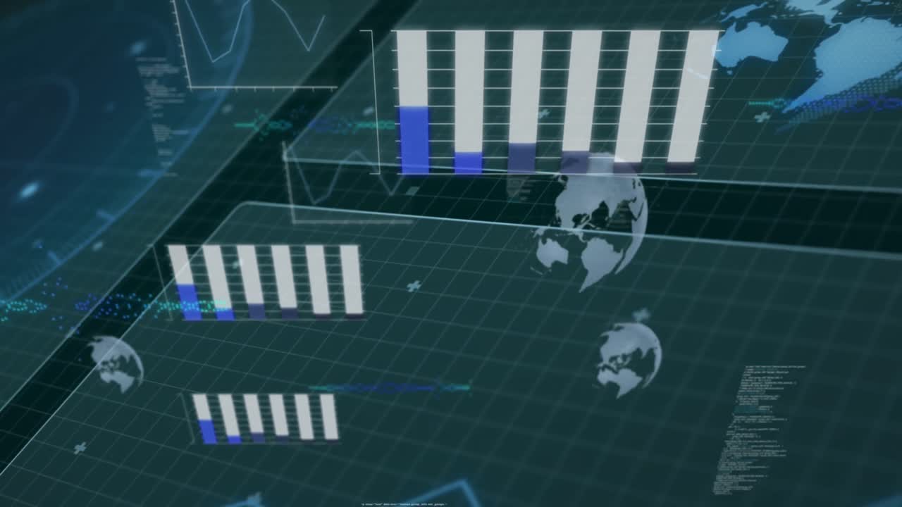Animation of hud screens with graphs, globe, computer language on grid pattern