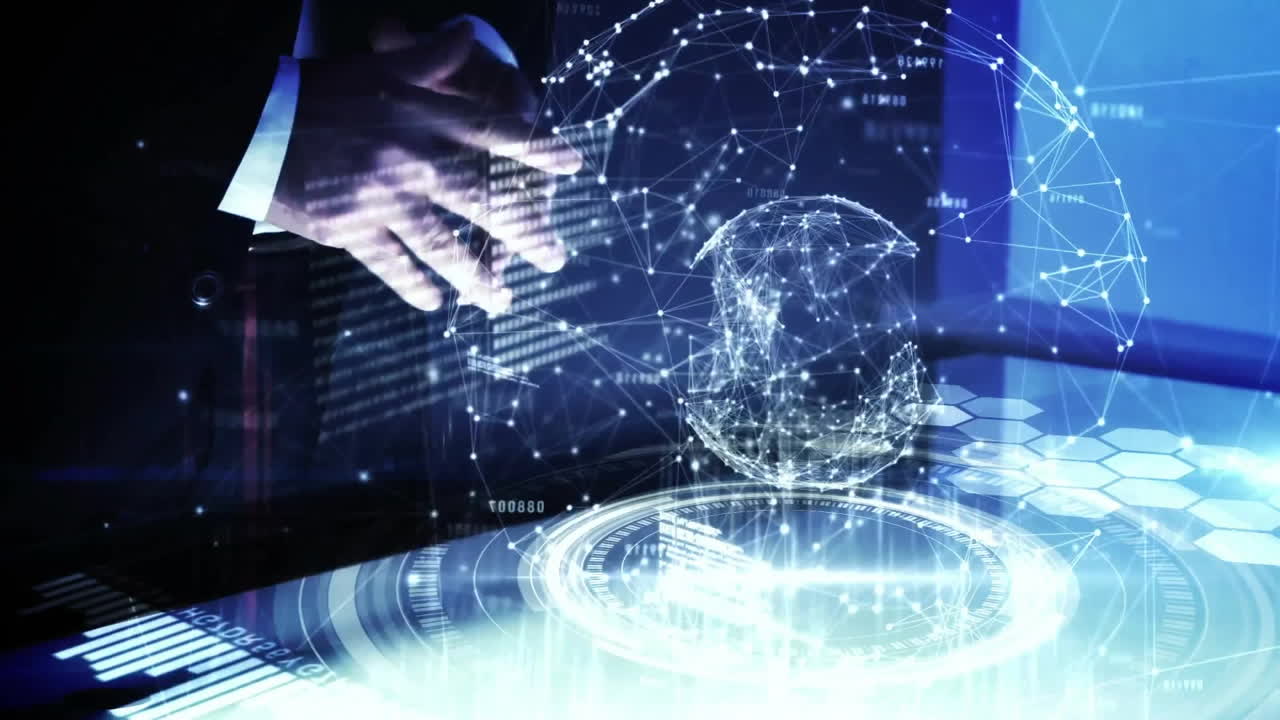 Animation of caucasian businessman using digital interface with globe of connections