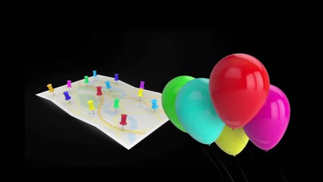 digital animation of bunch of colorful balloons floating over map against black background