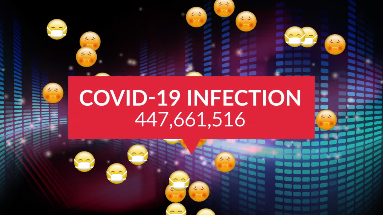 texto de infección por covid-19 con números crecientes y emojis de rostros flotando contra un fondo azul