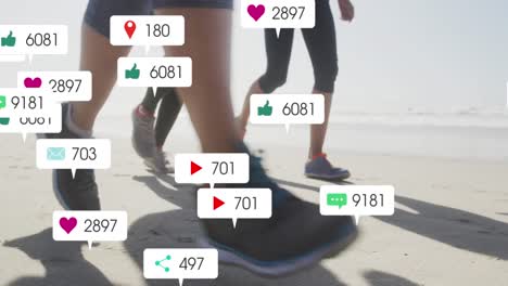 Animation-of-social-media-notifications,-over-women-running-on-beach