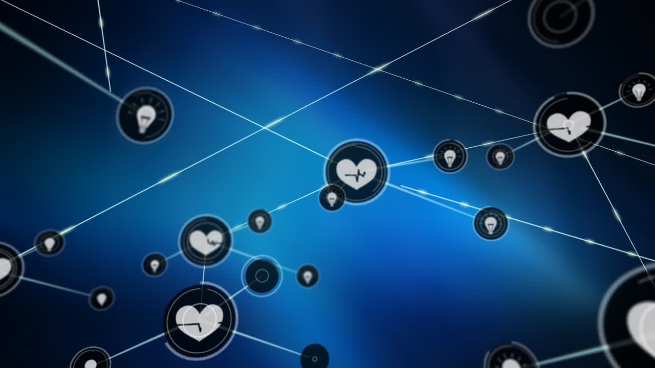 animación de la red de conexiones con iconos sobre fondo azul