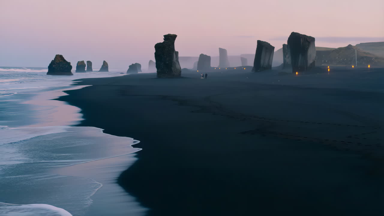 Twilight at Reynisfjara Black Sand Beach with Basalt Sea Stacks, Iceland