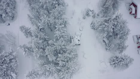 Drone-aerial-tilt-up,-Levi-ski-resort-snowy-ski-village-in-Finland-with-pedestrians-and-workers-on-grocery-store-clearing-snow