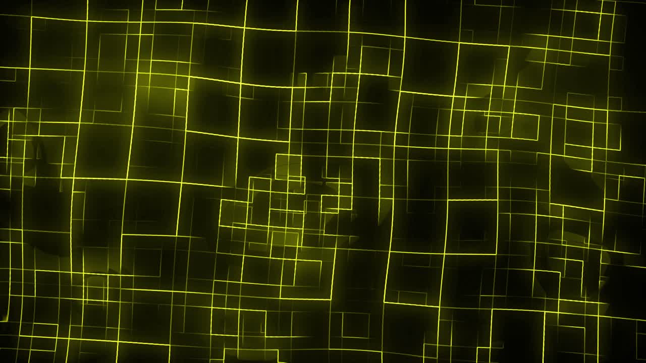 Glowing neon line work with rotating squares animation on dark gradient background dynamic motion graphics and visual effects seamless modern design lighting movement colours golden yellow
