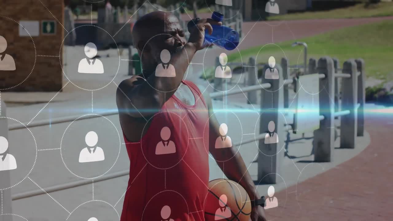 해변에서 물을 마시는 노인 아프리카계 미국인 남자에 대한 연결 네트워크의 애니메이션