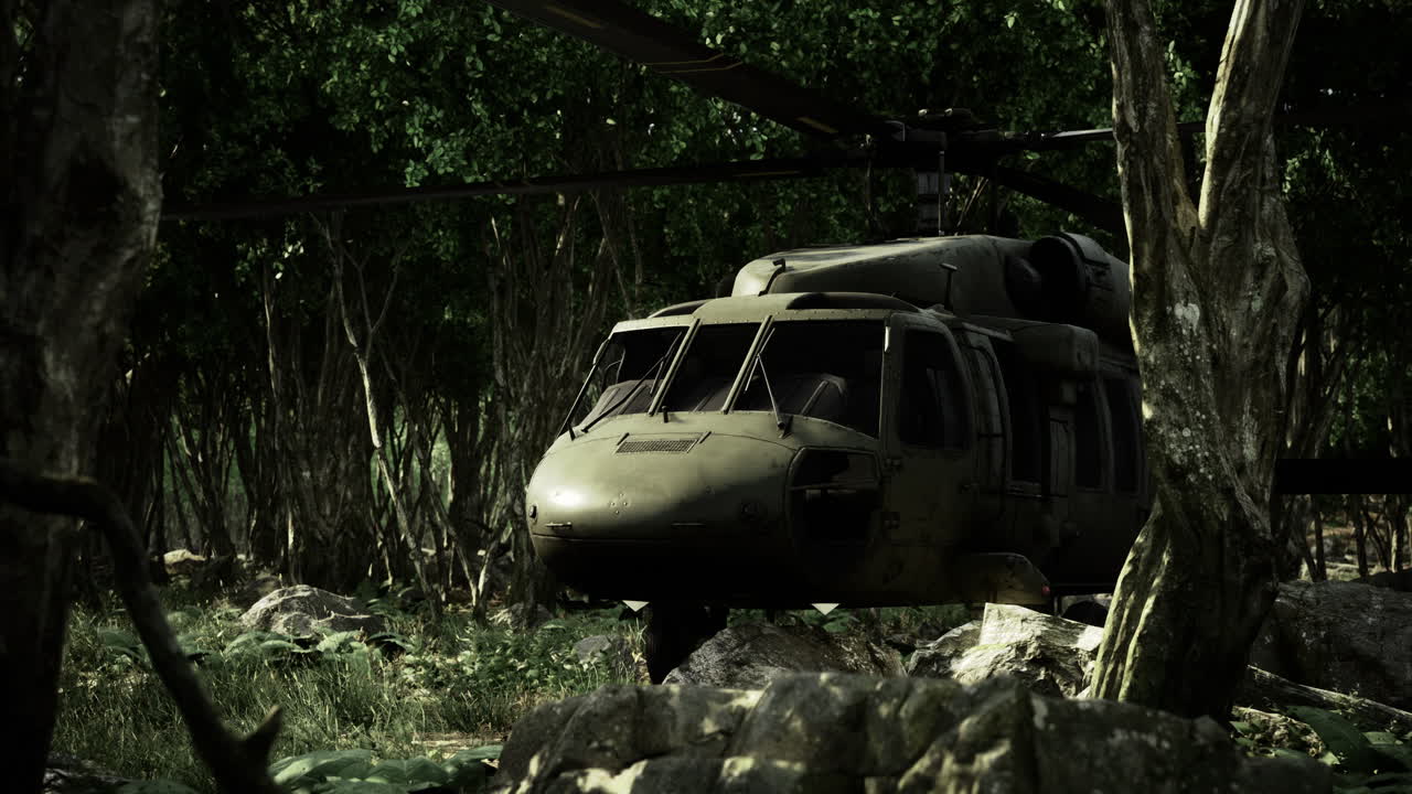 Helicopter navigates through dense forest in a bright afternoon light