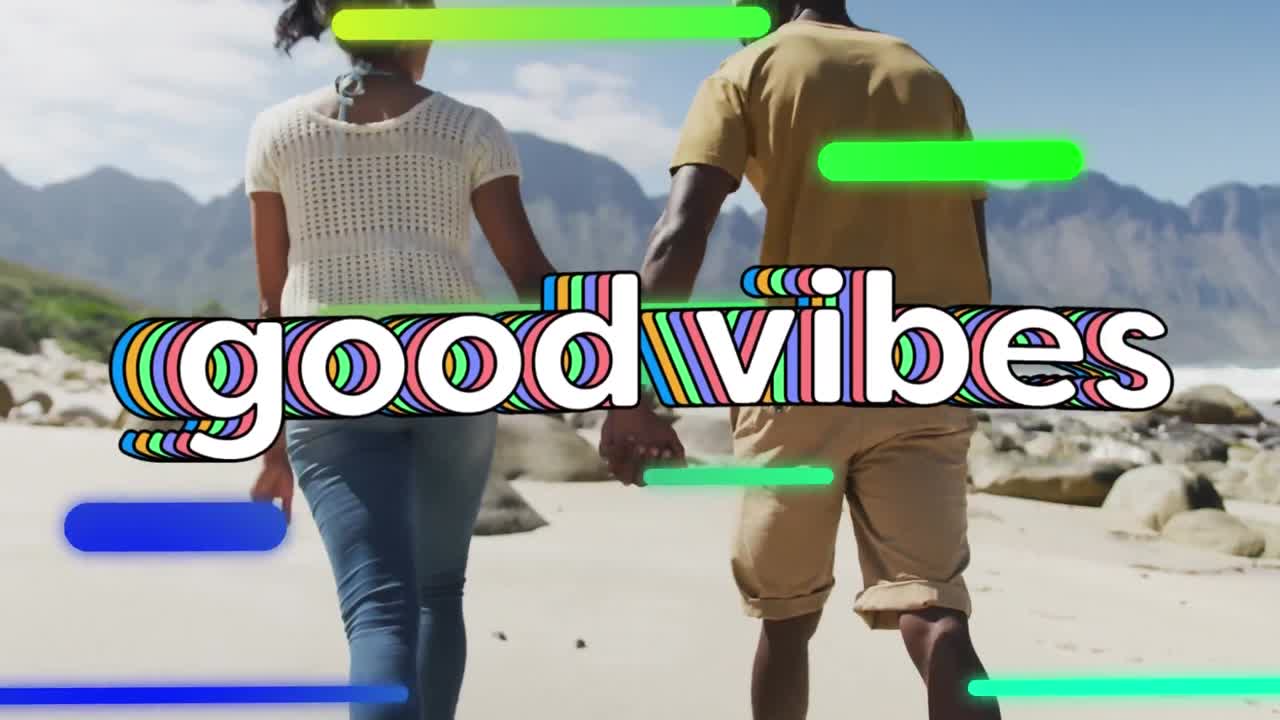 animación de vibraciones de texto sobre la gente en la orilla del mar