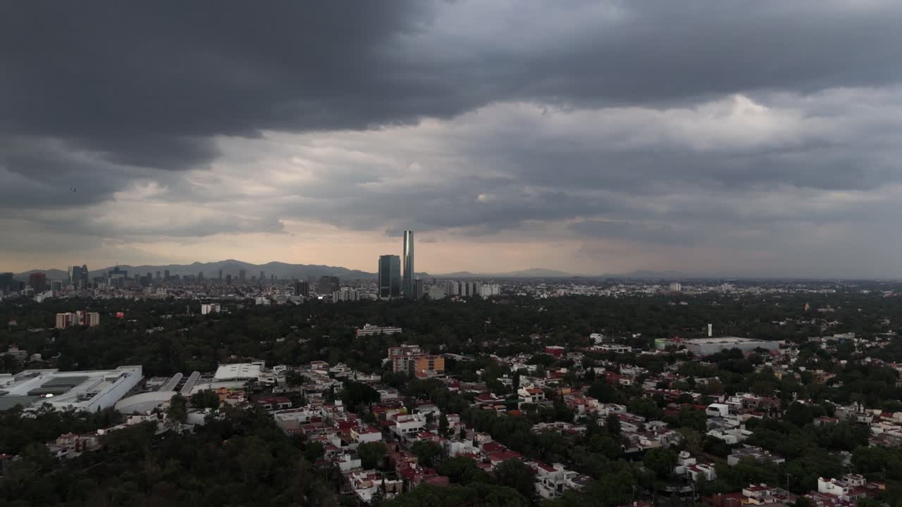 Aerial view of an evening storm developing over southern Mexico City