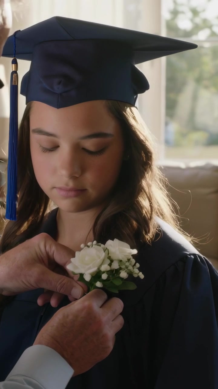 Video verticale: Papà che appunta un corsage alla laureata a casa, toga blu navy, tocco e nappa blu per la cerimonia