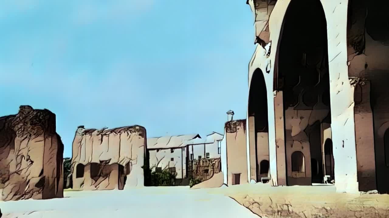presente y pasado de la basílica de maxentius o massenzio de roma en italia, reconstrucción de animación de dibujos animados