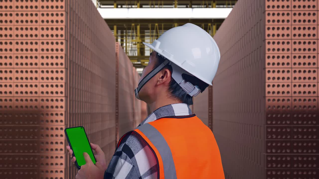Close Up Back View Of Asian Male Engineer With Safety Helmet Working On A Green Screen Smartphone And Looking Around While Standing With Red Brick Packed in Stacks Are Stored
