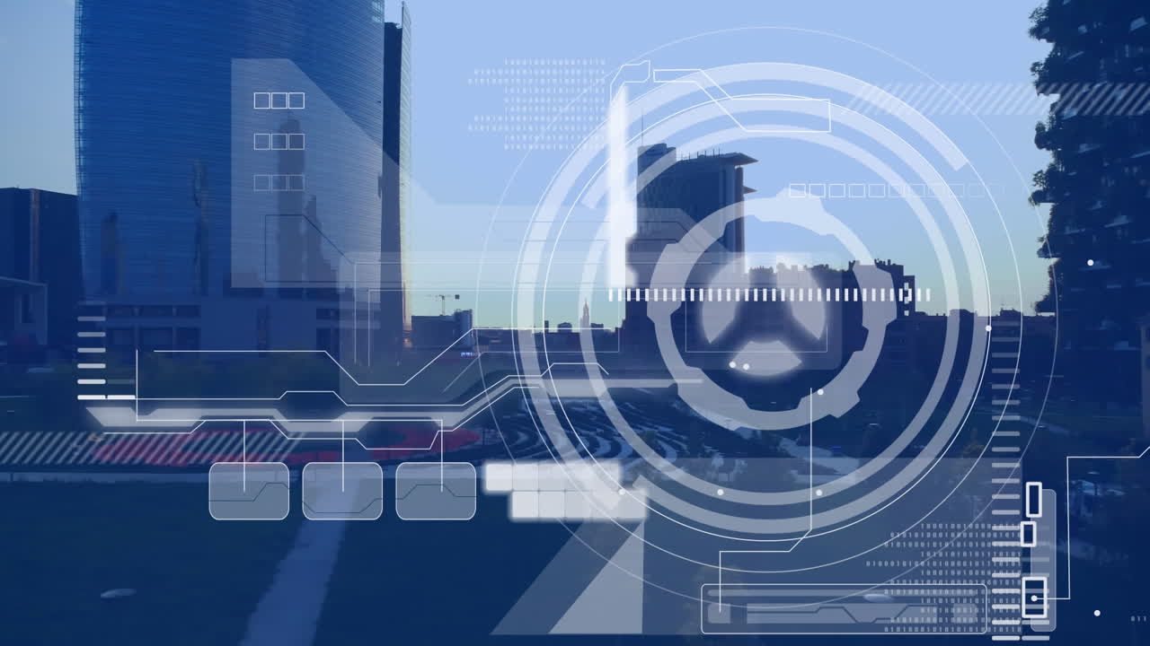 도시 풍경 위의 금융 데이터 처리 애니메이션