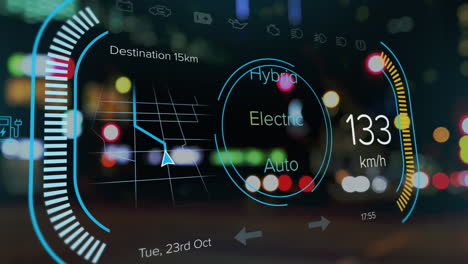 animación del panel del coche sobre el paisaje urbano por la noche