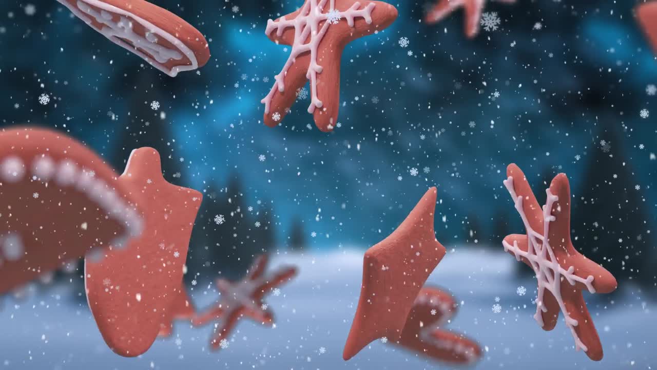 animación de galletas de jengibre de navidad sobre copos de nieve que caen y paisajes de invierno