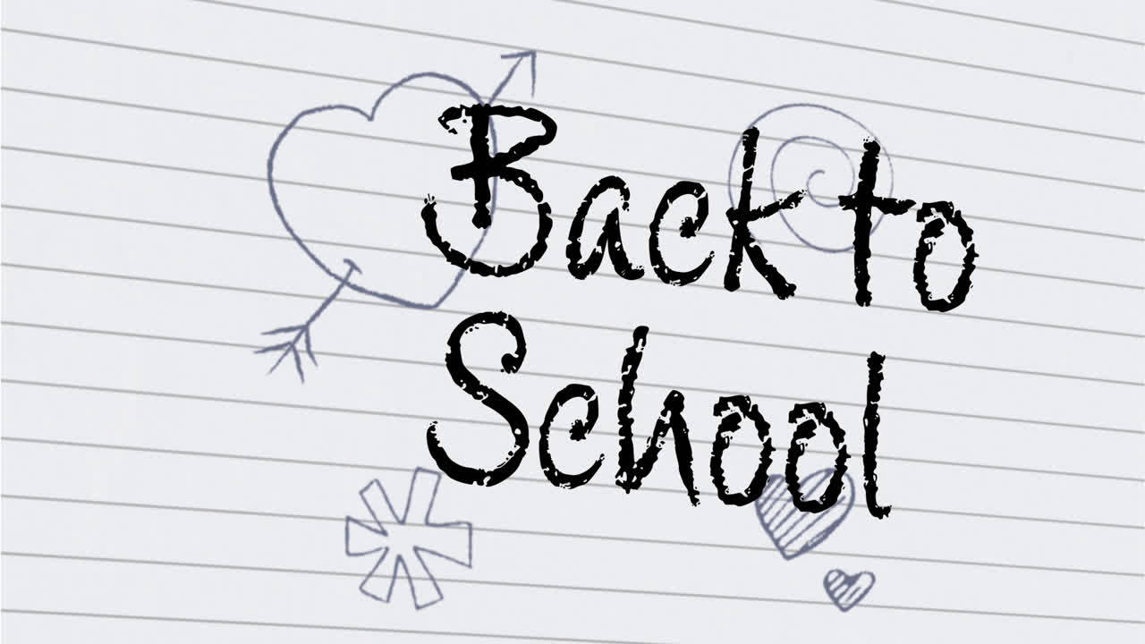 라인 된 종이에 그림 위에 학교로 돌아가는 텍스트의 애니메이션