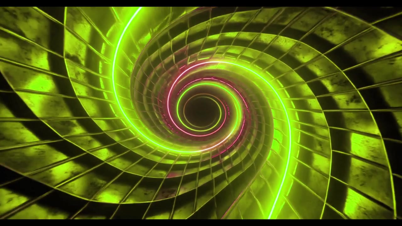 Abstract Neon Spiral Tunnel with Glowing Green and Pink Lights