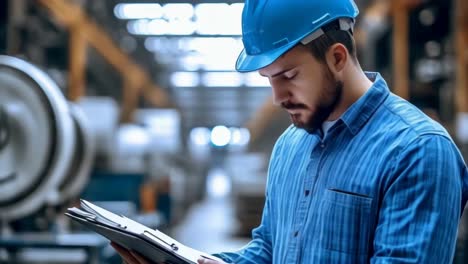 a man wearing a blue shirt and a blue helmet is looking at a clipboard