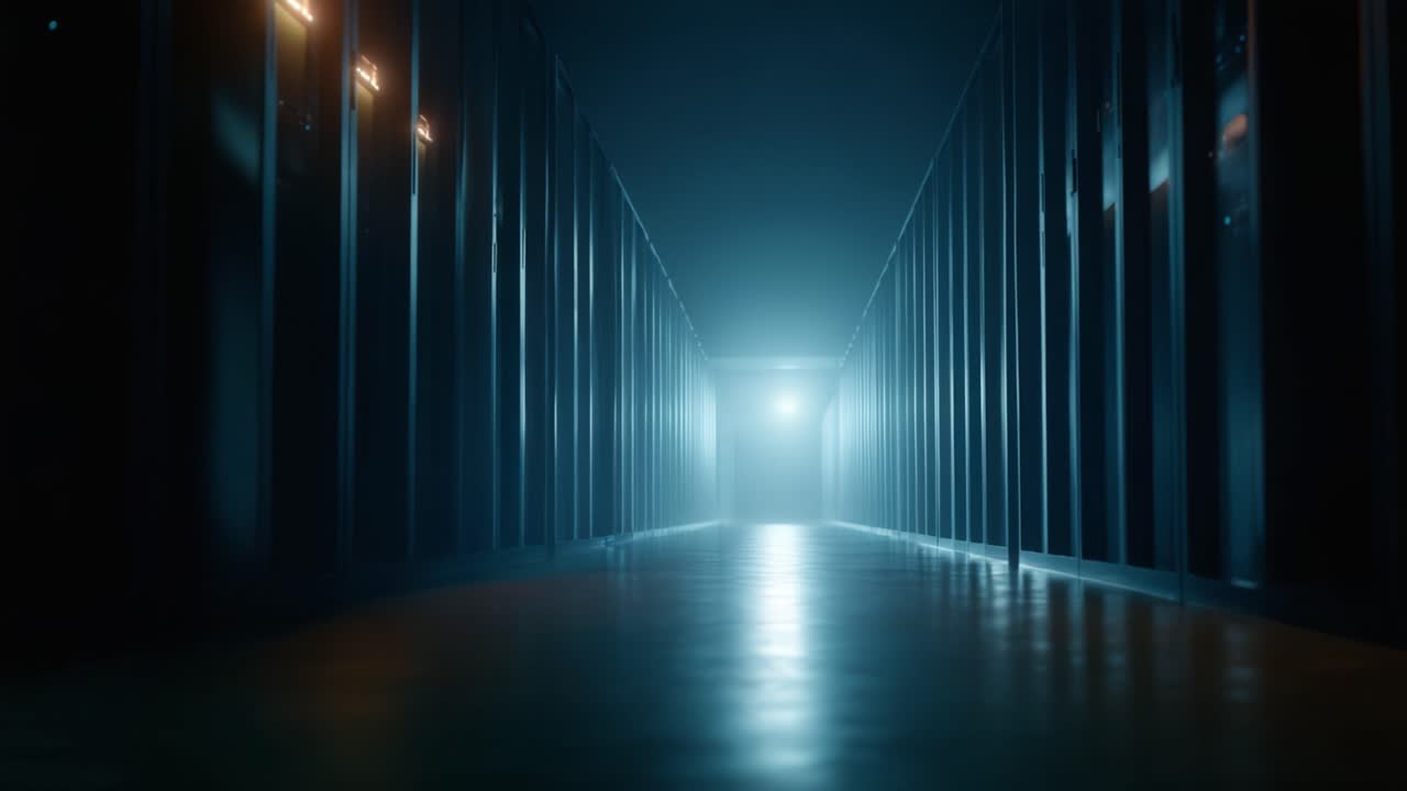 An eerie corridor illuminated by a mysterious light at the end, flanked by dark shelves, creating an atmosphere of suspense and anticipation in a vast storage space