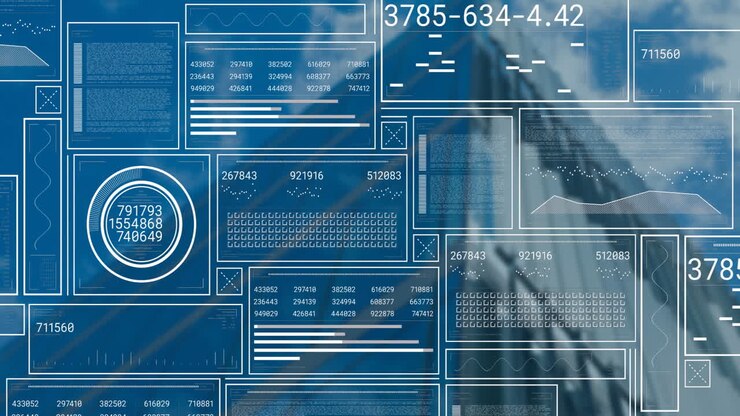 Animation of data processing over modern office building