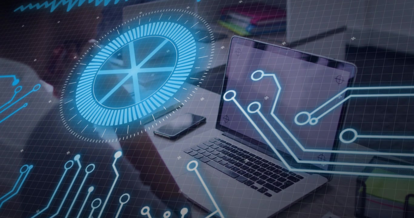 male office worker holding phone, radial HUD appearing and tracing circuits to laptop for tech demo