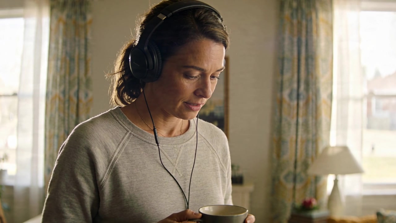 Camera starting, woman holding ceramic mug, leaning forward in living room, listening on headphones