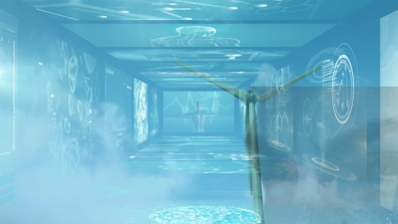 Animation of digital data graphics with wind turbine in futuristic blue environment