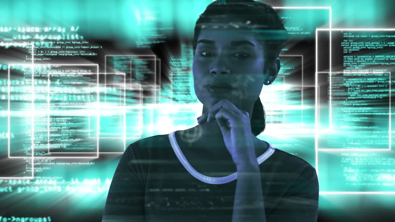 Animation of data processing over caucasian woman