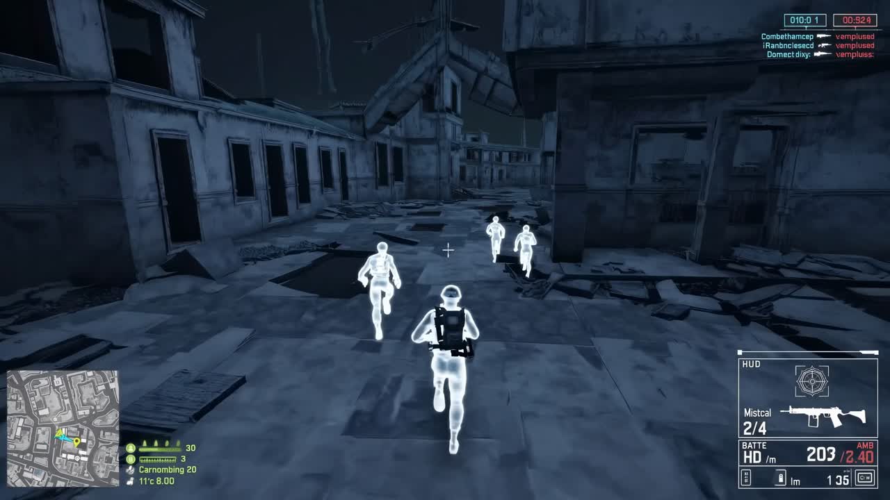 Group of soldiers in tactical gear running through a devastated urban landscape, showcasing intense action and teamwork in a post-apocalyptic environment