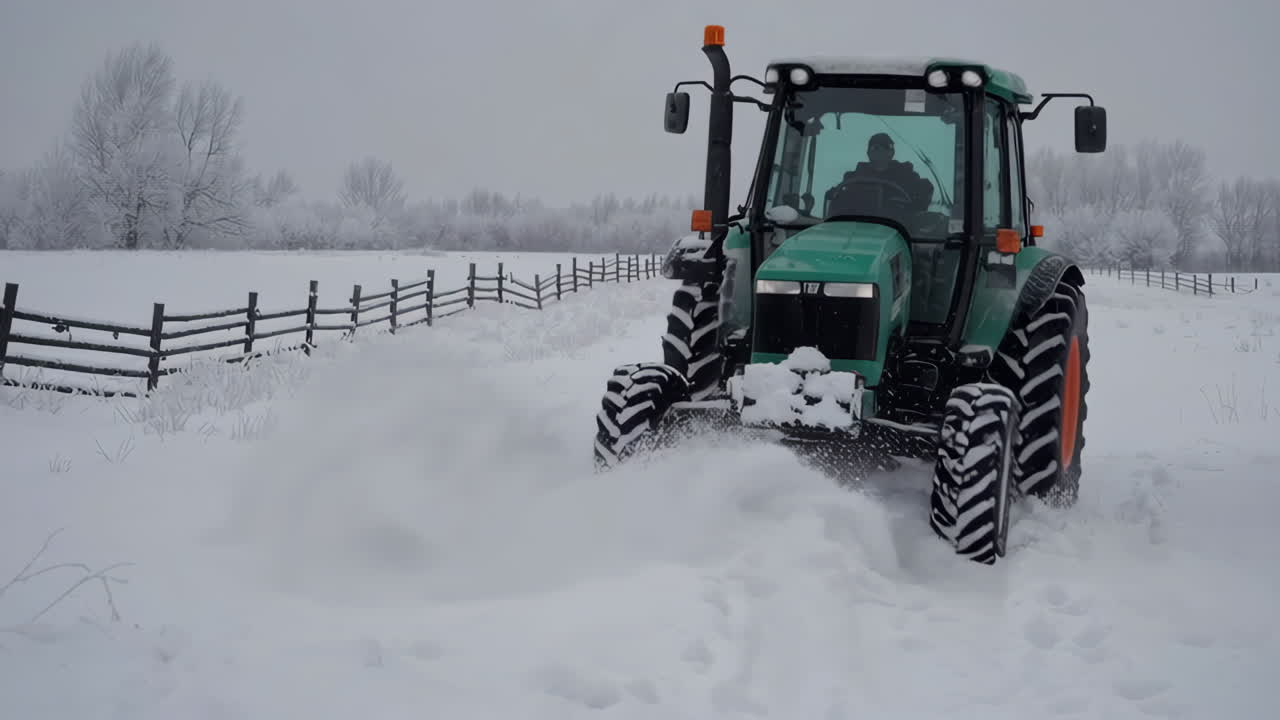 Green Tractor Driving Through Snowy Field in Winter