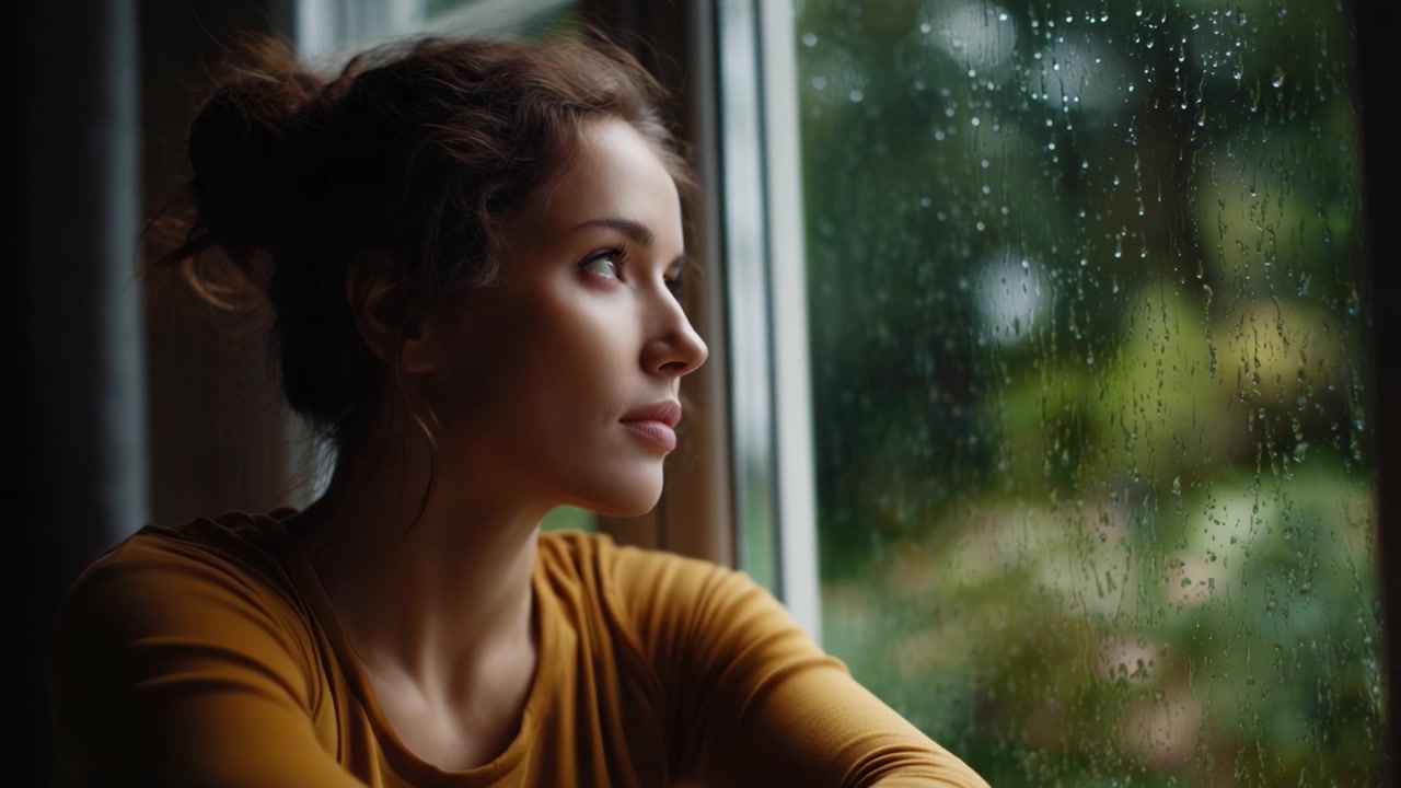 Una giovane donna contemplativa guarda fuori da una finestra bagnata dalla pioggia, persa nei suoi pensieri, catturando la serenità e l'introspezione di una giornata di pioggia a casa.
