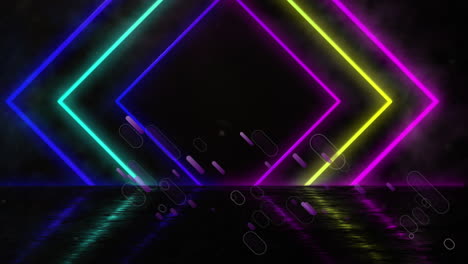 animation of purple shapes over neon squares on black background