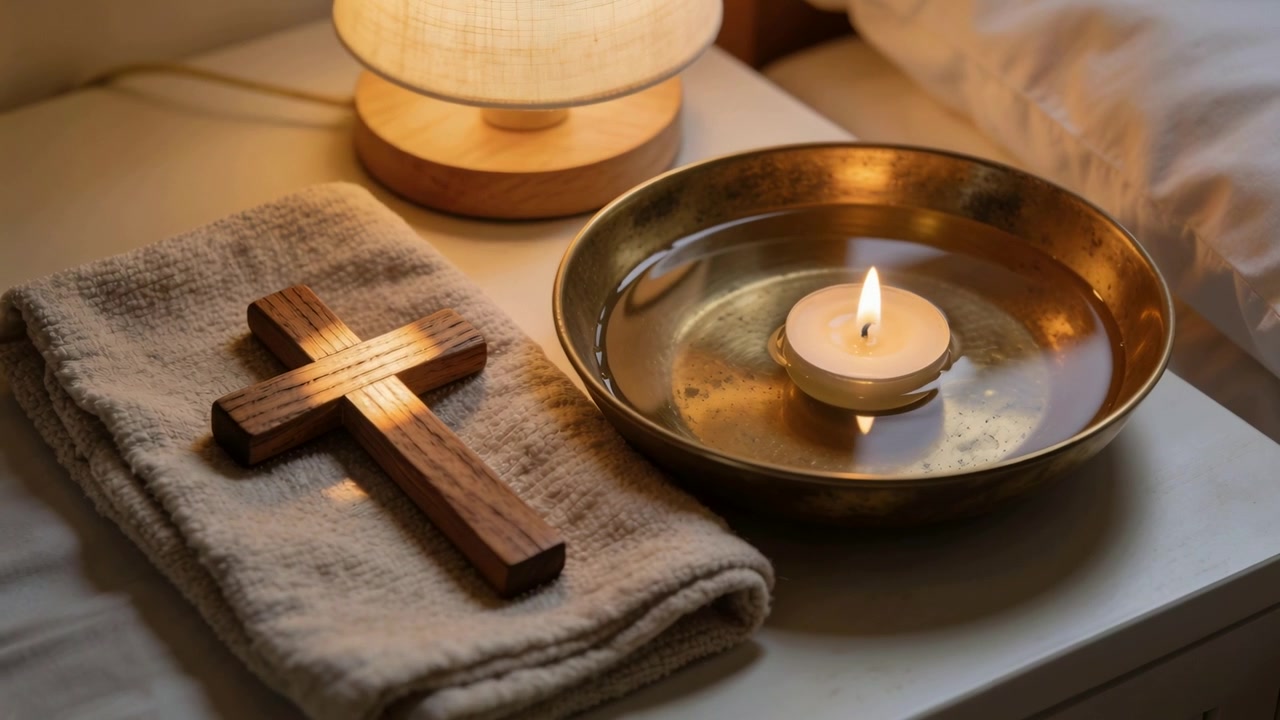 Flickering tealight casting reflections across wooden cross on towel beside brass dish