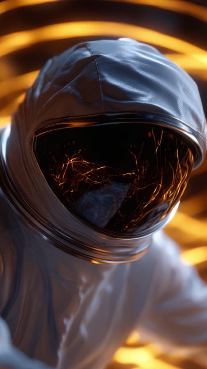 En futuristisk astronaut i en elegant, højteknologisk dragt ser fremad, oplyst af levende, hvirvlende gyldent lys, der viser avanceret rumudforskningsteknologi