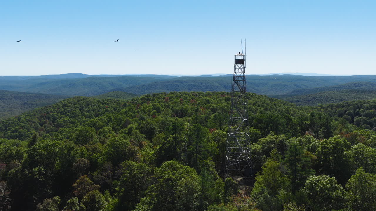 Aerial Shot Of Devil's Knob Lookout Tower At Daytime In Arkansas, USA