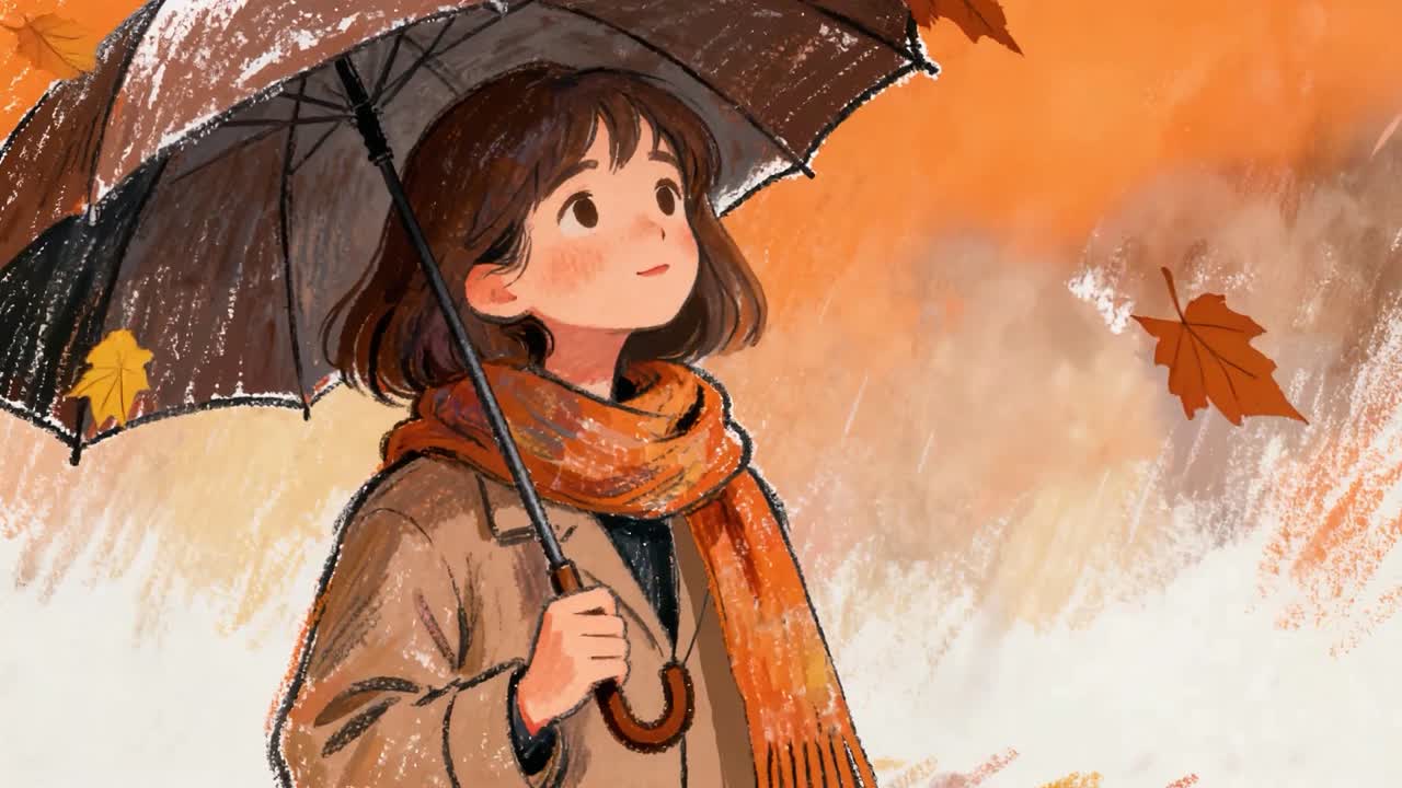 A person under an umbrella with falling leaves