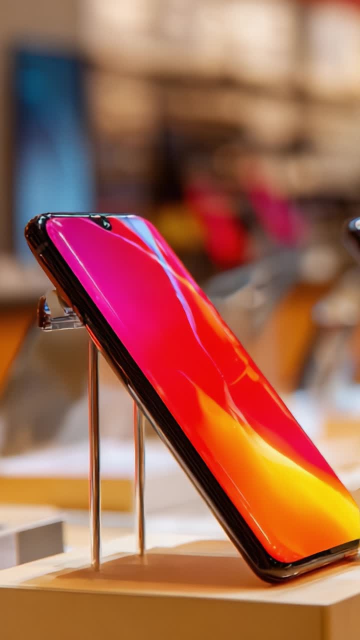 Vibrant and Sleek Smartphone Displayed in a Retail Environment, Showcasing Modern Technology with Eye-Catching Colors and Attractive Design Elements