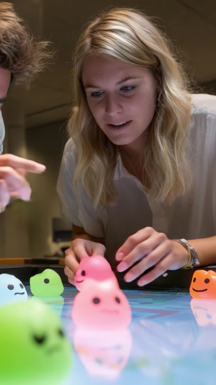 Interazione coinvolgente con giocattoli morbidi colorati: un momento gioioso di giocosità e apprendimento tra due amici a un'esperienza interattiva da tavolo unica.