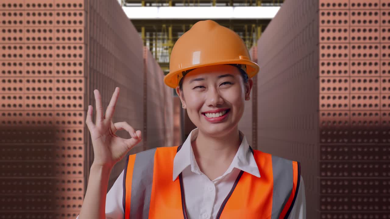 Close Up Of Asian Female Engineer With Safety Helmet Smiling And Showing Okay Gesture To The Camera While Standing With Red Brick Packed in Stacks Are Stored