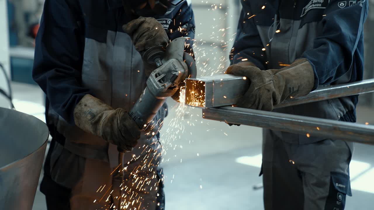Vinnytsia, Ukraine - December 2022: Gloved workers cut a square iron pipe with an angle grinder. Bright sparks from metal cutting. Industrial production