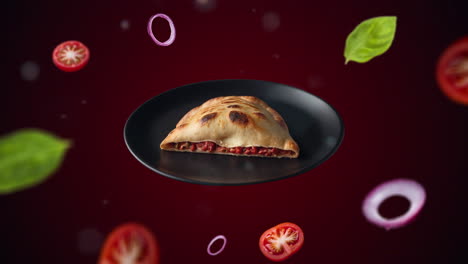 calzone en una introducción de animación de plato negro para la publicidad o comercialización de restaurantes con los ingredientes del plato volando en el aire - etiqueta de precio o venta