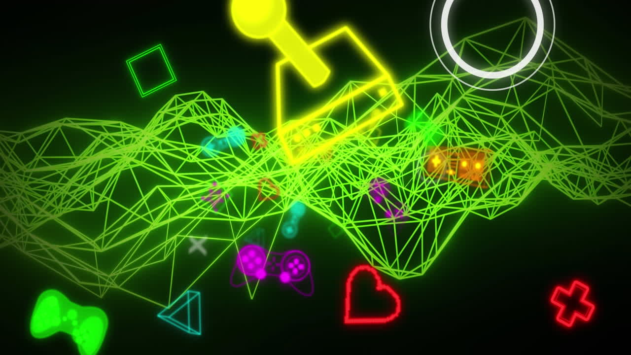 animación de iconos y formas de juego en fondo negro